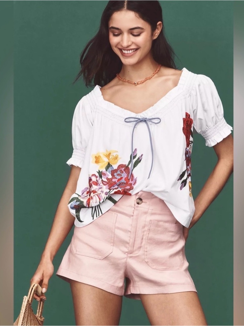 Anthropologie White Embroidered Floral Peasant Blouse